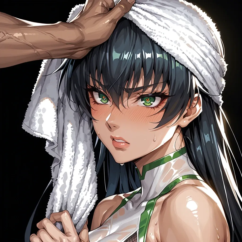 1 girl, igawa asagi (taimanin asagi), green eyes, blushing, drying off the sweat with towel, show face, brilliant eyes, focus from behind, upper body, tight clothes, detailed face, black background, do not show hands, massive ass, massive breast, abs, High definition, sportswear