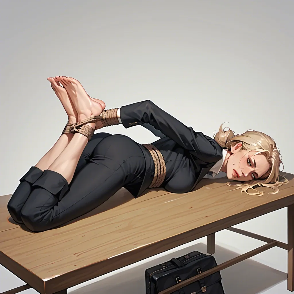 1girl, solo, mature, milf, blonde hair, black business suit, black trousers, barefoot, skinny, thin, , , , laying on stomach, on table, arms behind back, rope bondage, hogtied, wrists attached to ankles, ankles bound, ball gag, wide eyed, scared, , , , facing viewer, ((from side))