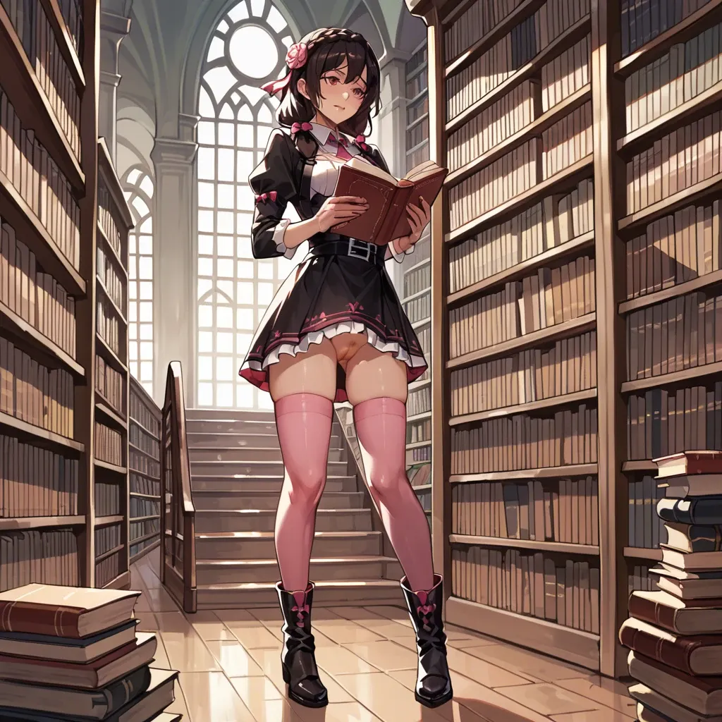 YunYun, standing and reading a book, unhappy, pink stockings, high boots.  Library.