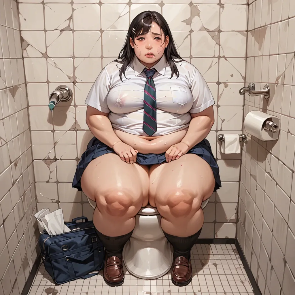 Marin Kitagawa, hottie, fashionable, business, school uniform, in the toilet, tie, fat, round face, fat face, plump cheeks, double chin, folds on body, overweight, thick hips, wide thighs, belly sticking out of clothes, fast food packaging, soda cans lying around, dirty clothes, glutton, sexy, helpless, dumb