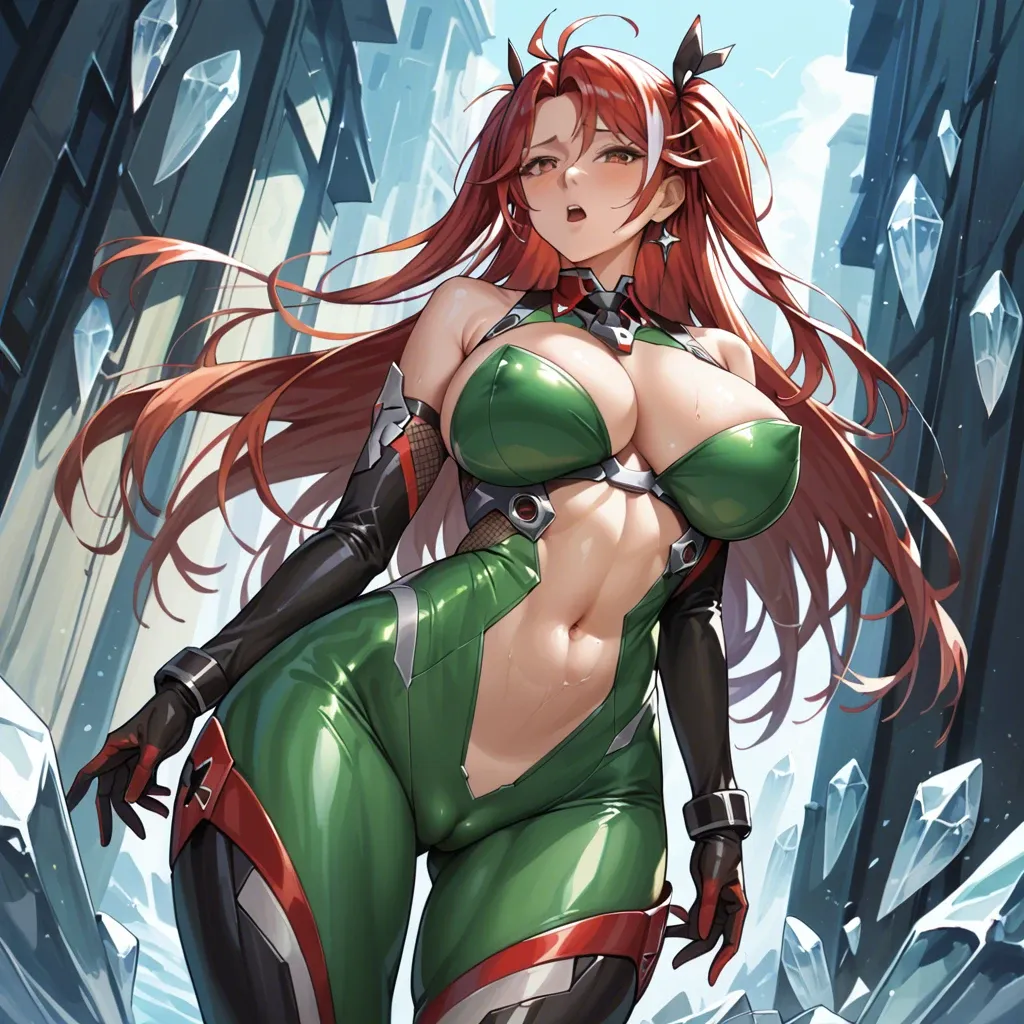 1girl, @sakura_Igawa , sexy witch body, huge hips, huge breasts, slim waist, @prinz_eugen_azur_lane , crystal navel, cut out around navel, full taimanin skinsuit, green latex taimanin skinsuit, steam from heavy breathing, a lot of neon patterns on skin, many neon patterns on body,  golden pasties on skinsuit, purple eyes, gold fox ears, two paralell lines from the choker to the pubis, half side, standing in cyberpunk. forest from slime on background, purple halo