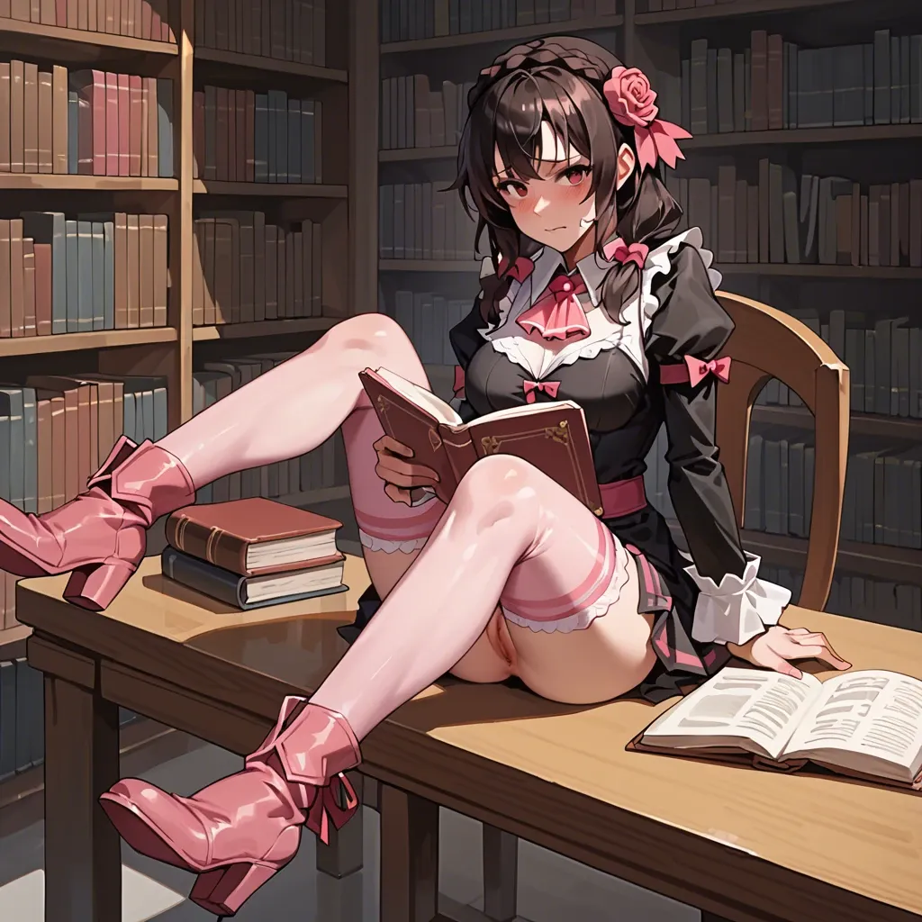 @yunyun, sitting at a table and reading a book, unhappy, pink stockings, high boots.  Library.