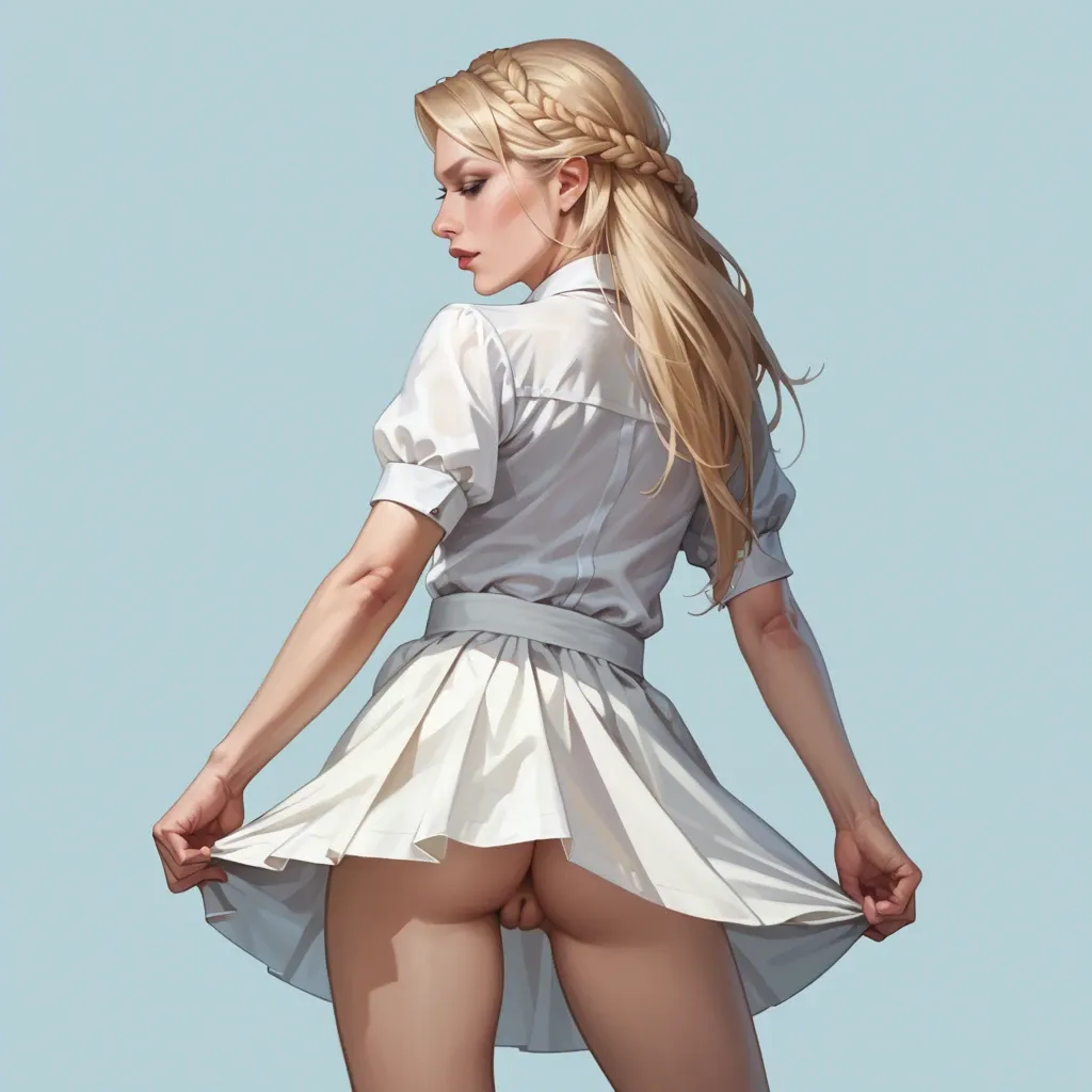 realistic,full detailed,accurate,Charlie Morningstar,petite,flat chest,cleft of venus,blouse,upskirt,rear view