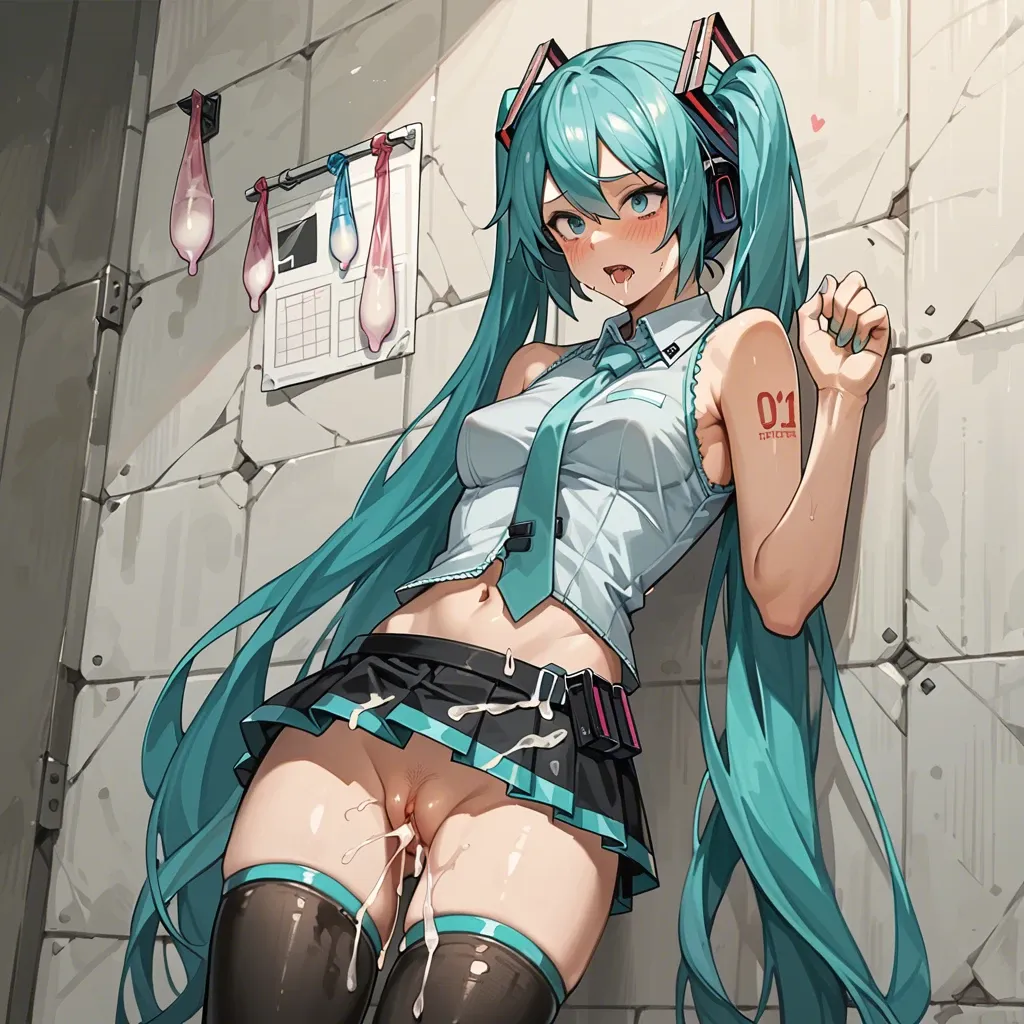 (glory_wall), @hatsune_miku, cum in pussy, (used_condom), lowered thongs, micro-skirt,