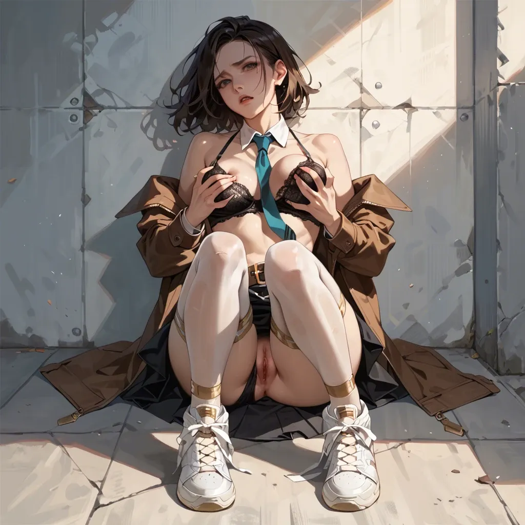 1girl,solo, , , , eyebrow,soft warm light,perky breast,breast grab,bare shoulders, brown jacket,black lace bra,belt,panties,shoes, taut skirt,gold stockings,necktie,bikini pull,white sneakers, strip club, sparkles, spaceship, gold collar, moana, nami