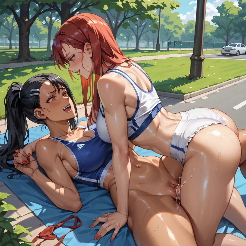 park,sports top,bloomers,Yuri,sex toyes,Alisa Kudze,hayase Nagatoro,big breasts,big hips,shiny skin,red ribbon