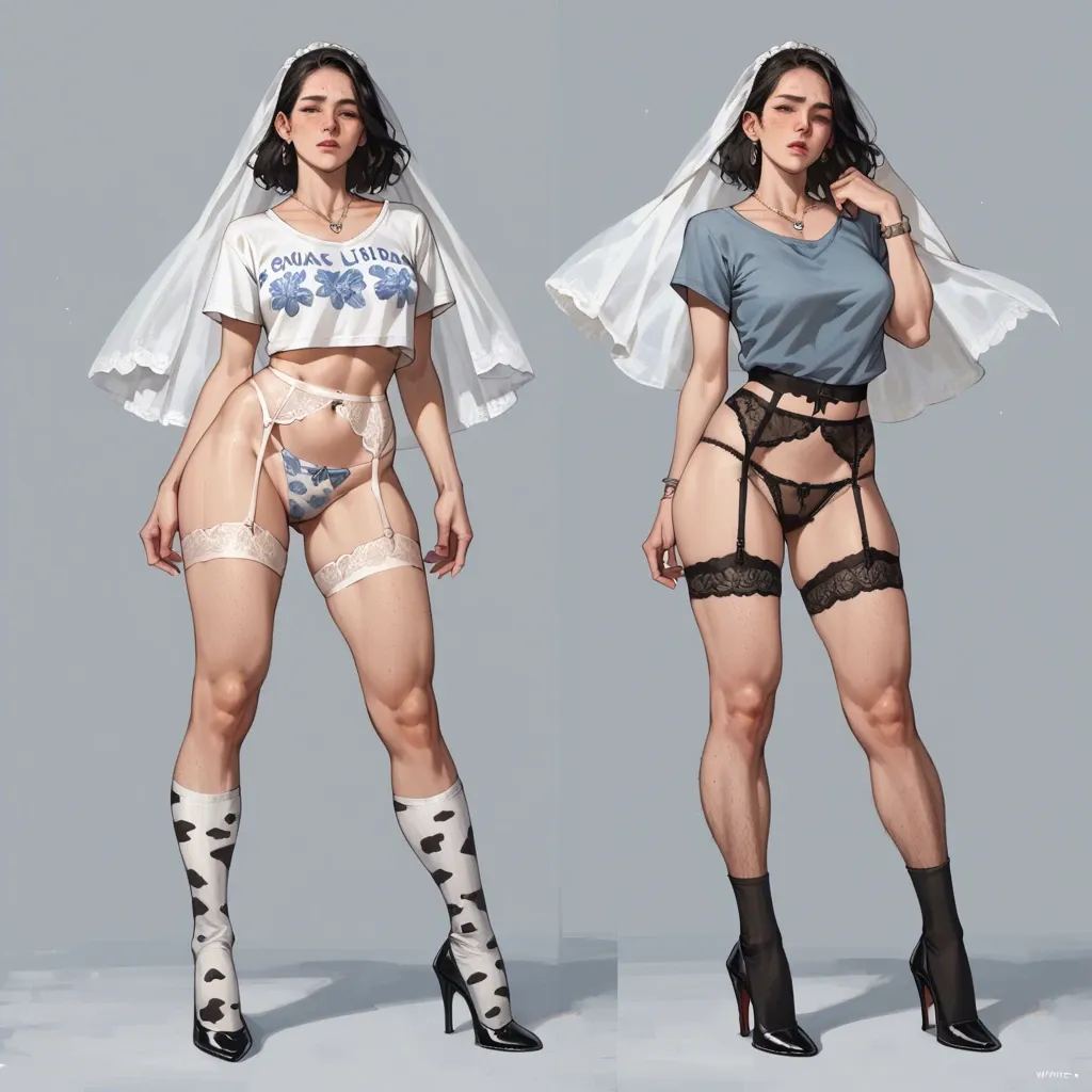 2girl, , , , heavy freckles,hairy legs,firm breasts,high waisted,necklace, gray t-shirt,baggy socks,garter belt,blue bra,stiletto heels, cow costume,lace panties,white veil,print panties,thigh boots, blue shirt,leg warmers,blue gloves,blue panties,platform heels, office girl, water sparkles, medieval theme, robot girl, detailed cock, dark skin male, girl lara croft, wonder woman, ariel waifu