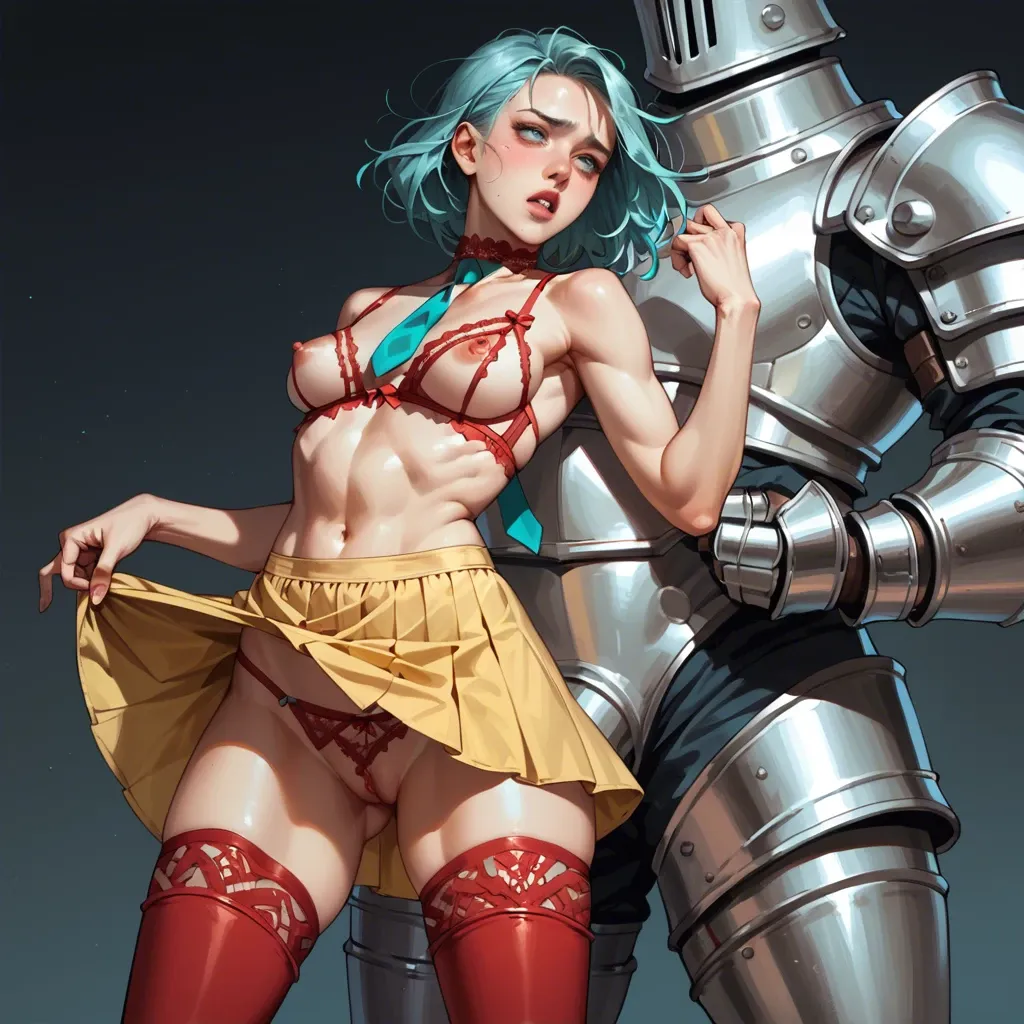 2girl, , , , cheek bulge,hands down,hard nipple,flat stomach,aqua necktie, yellow dress,red stockings,cotton panties,lace bra,armored boots, red skirt,lace lingerie,lace choker,crotchless,thigh boots, no skirt,black pantyhose,crown,lace panties,black sneakers, in a kitchen, ocean, medieval tavern, gamer bedroom, princess zelda, spider-gwen, waifu