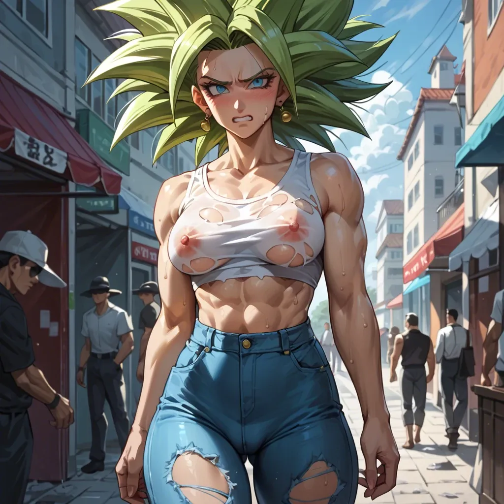 Kefla Dragon ball ripped clothes embarrassed sweating in public tight clothes see thru pants