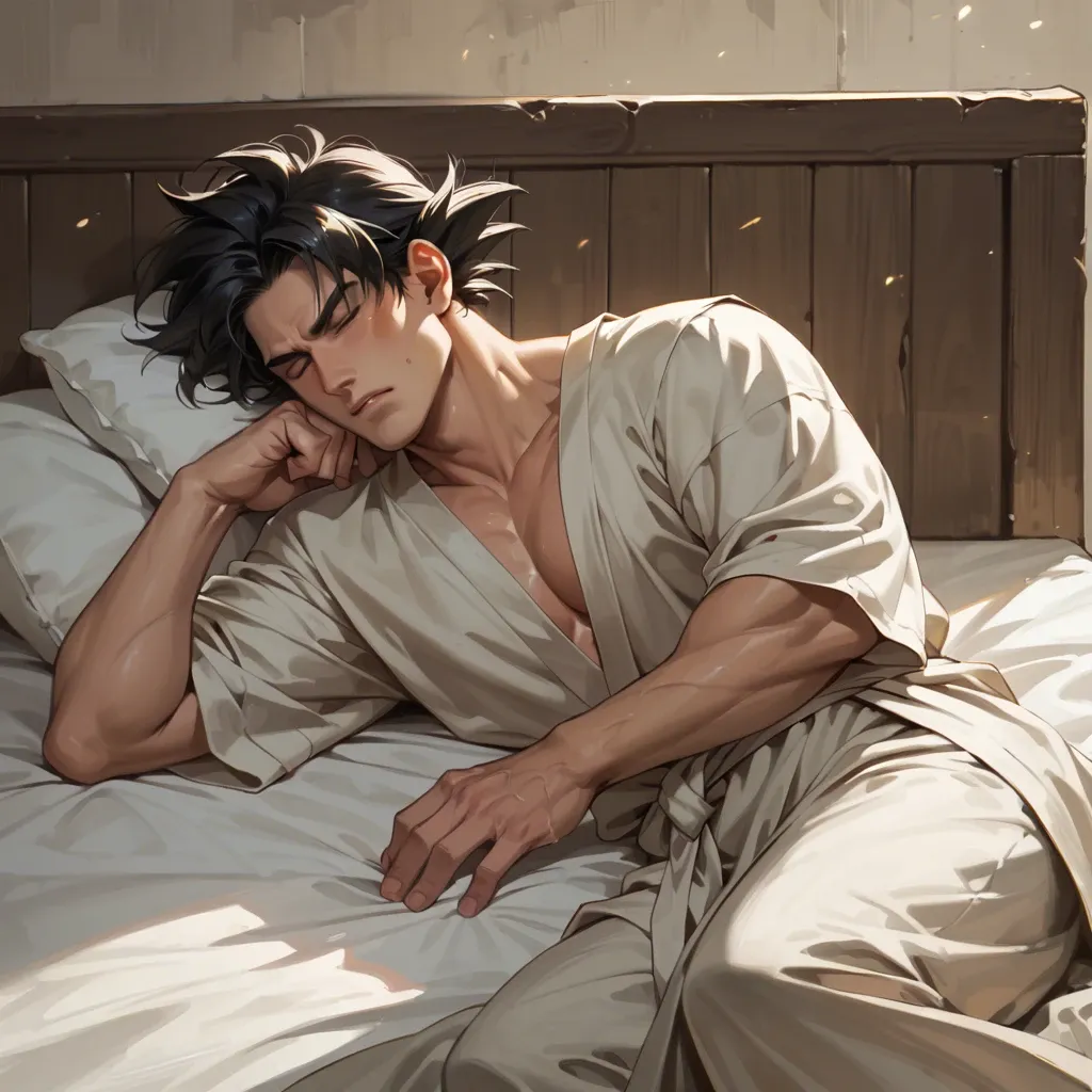 male goku sleeping blissfully on bed dressed in an ancient greek tunic