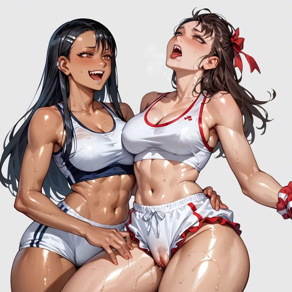 sports top,bloomers,Yuri,sex toyes,Alisa Kudze,hayase Nagatoro,big breasts,big hips,shiny skin,red ribbon,