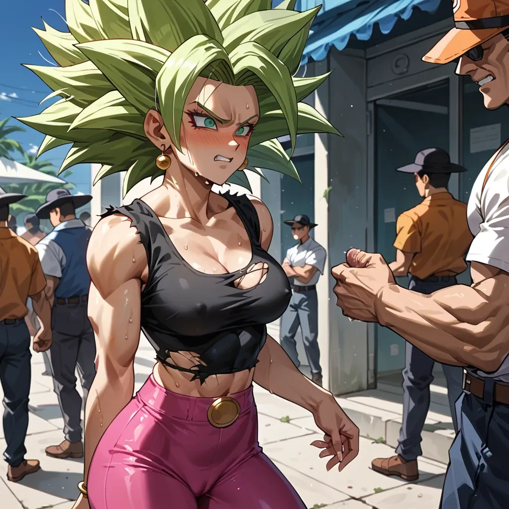 Kefla Dragon ball ripped clothes embarrassed sweating in public tight clothes