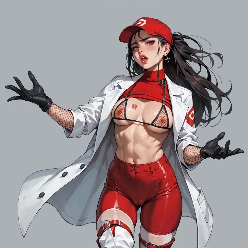 1girl,solo, , , , rosy cheeks,perfect hands,areolae,lab coat,shoulder tattoo, red tight pants,white stockings,fishnet gloves,micro bikini,thigh boots, red sweater,socks,cap,black lace bra,ballet shoes, shibari, sparkles, spaceship, table, grope, ultradetailed, in the dark, mario, rapunzel, mari makinami