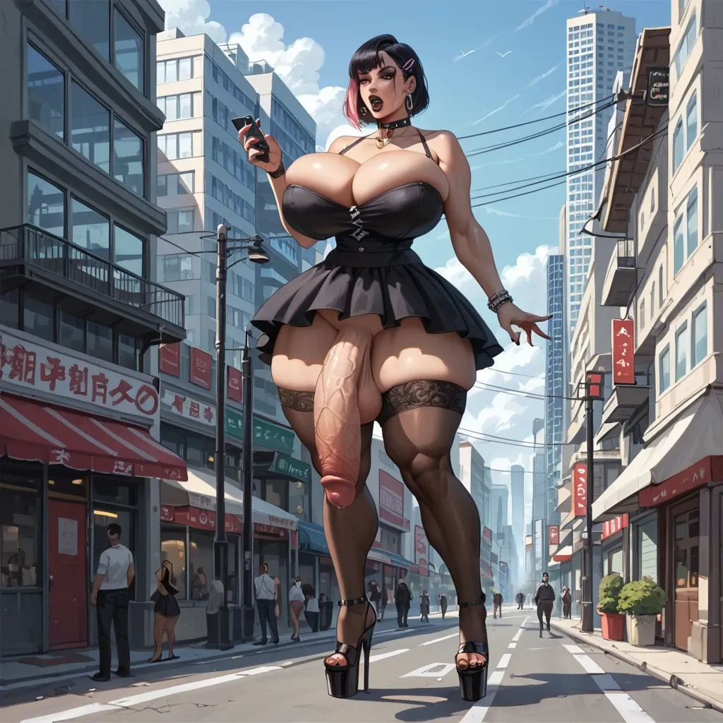 Kitagawa Marine, Giantess, platform high heels, high stockings, gigantic breats,futanari, big penis, city, bimbo goth, thick thighs, breast expansion,