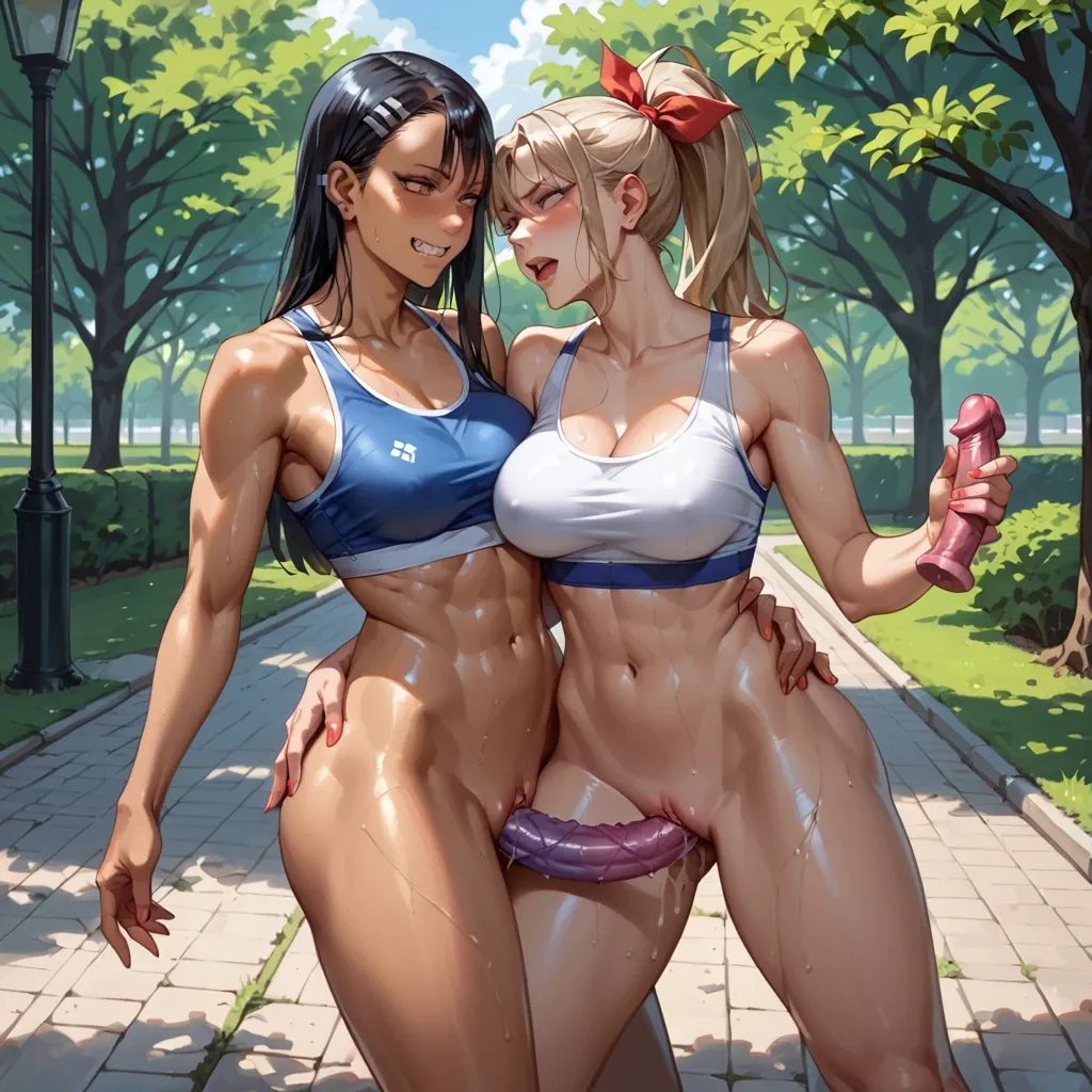 park,sports top,Leninists,Yuri,dual dildo,Alisa Kudze,hayase Nagatoro,big breasts,big hips,shiny skin,red ribbon