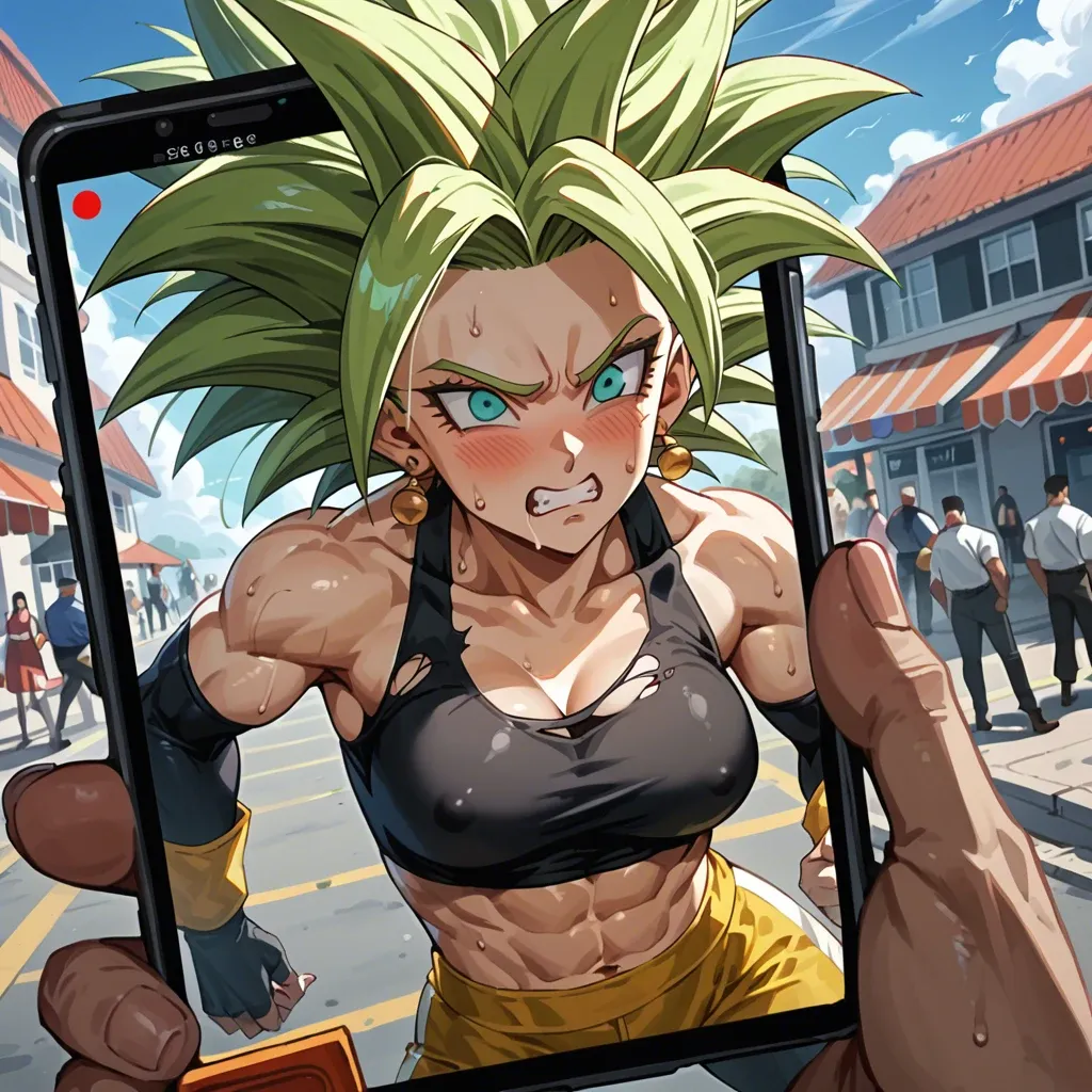 Kefla Dragon ball ripped clothes embarrassed sweating in public tight clothes phone's recording