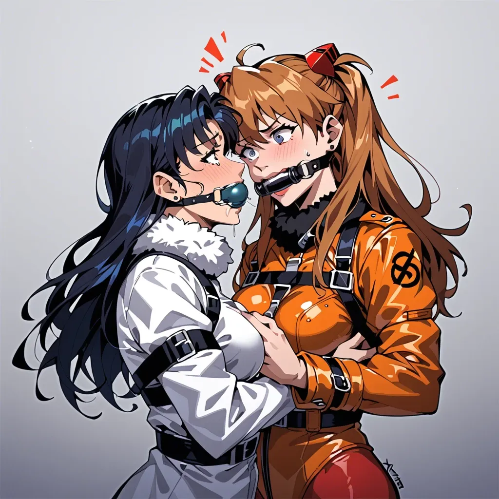 Nsfw, asuka langley, misato katsuragi, 1 girl in straitjacket with fur collar and fur trim,  1 girl gagged, gag, femdom, dark room, prison cell, lesbian,  1 girl struggling in straitjacket,