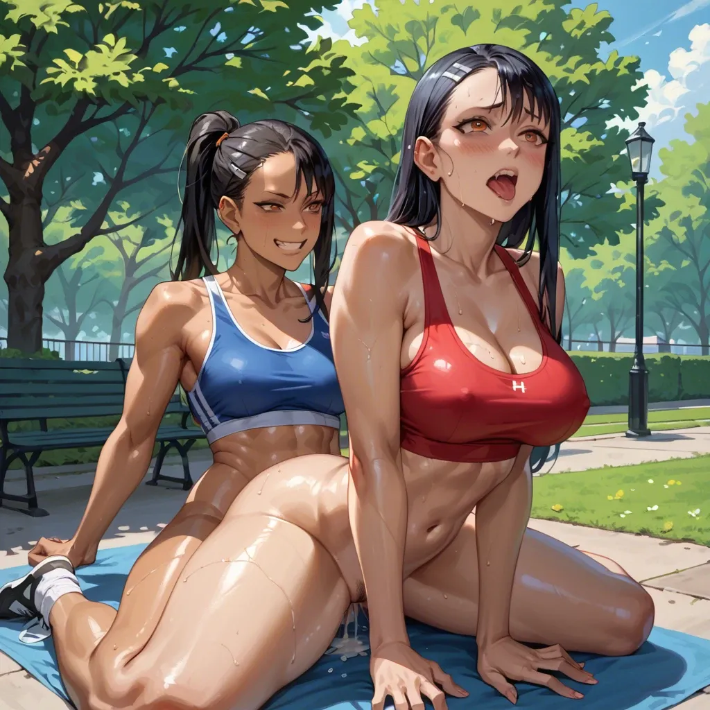 park,sports top,,Yuri,sex toyes,Alisa Kudze,hayase Nagatoro,big breasts,big hips,shiny skin,red ribbon