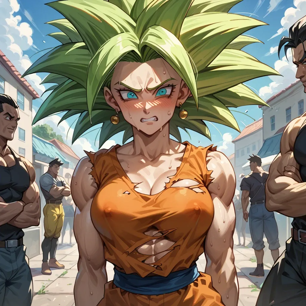 Kefla Dragon ball ripped clothes embarrassed sweating in public tight clothes taking pictures