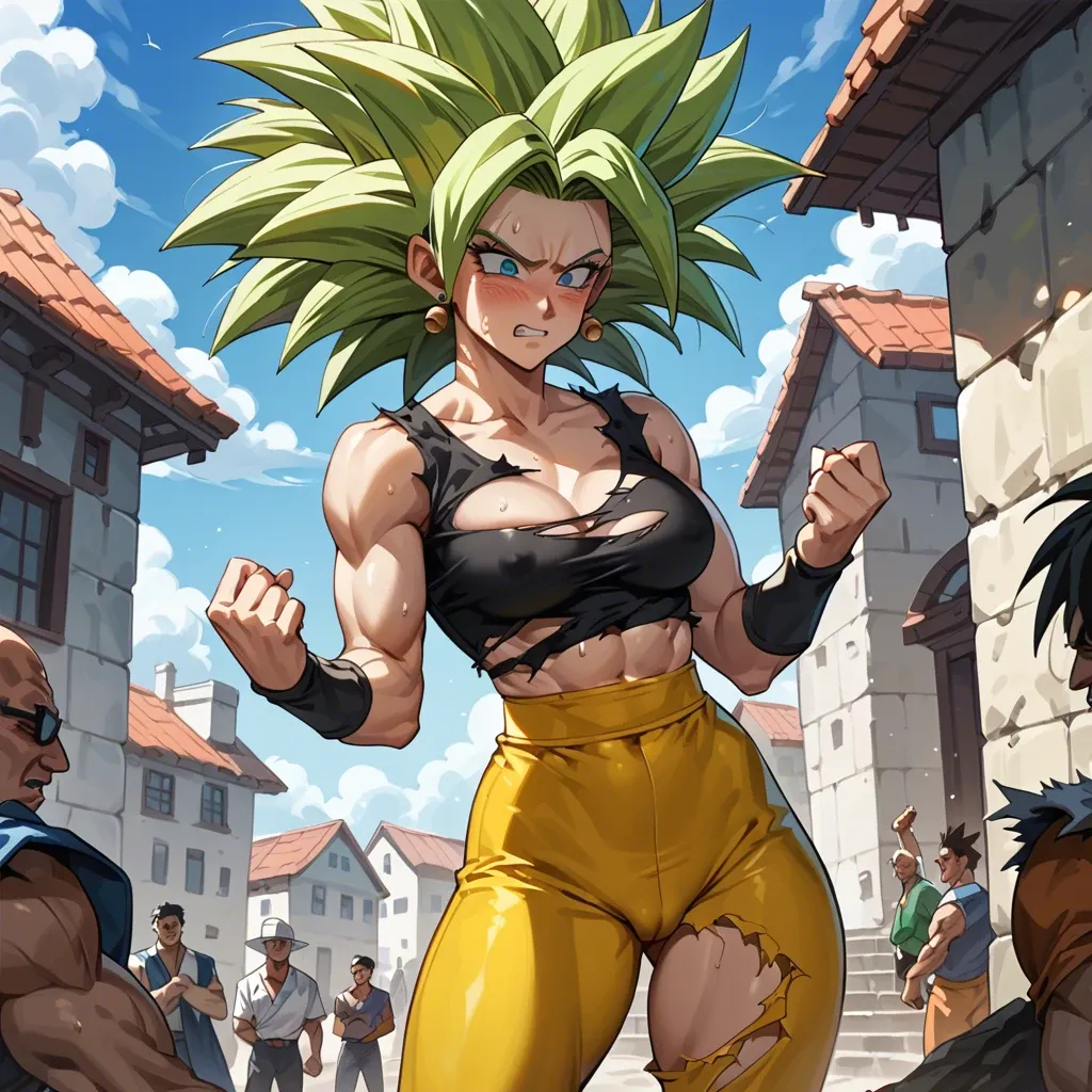 Kefla Dragon ball ripped clothes embarrassed sweating in public down view