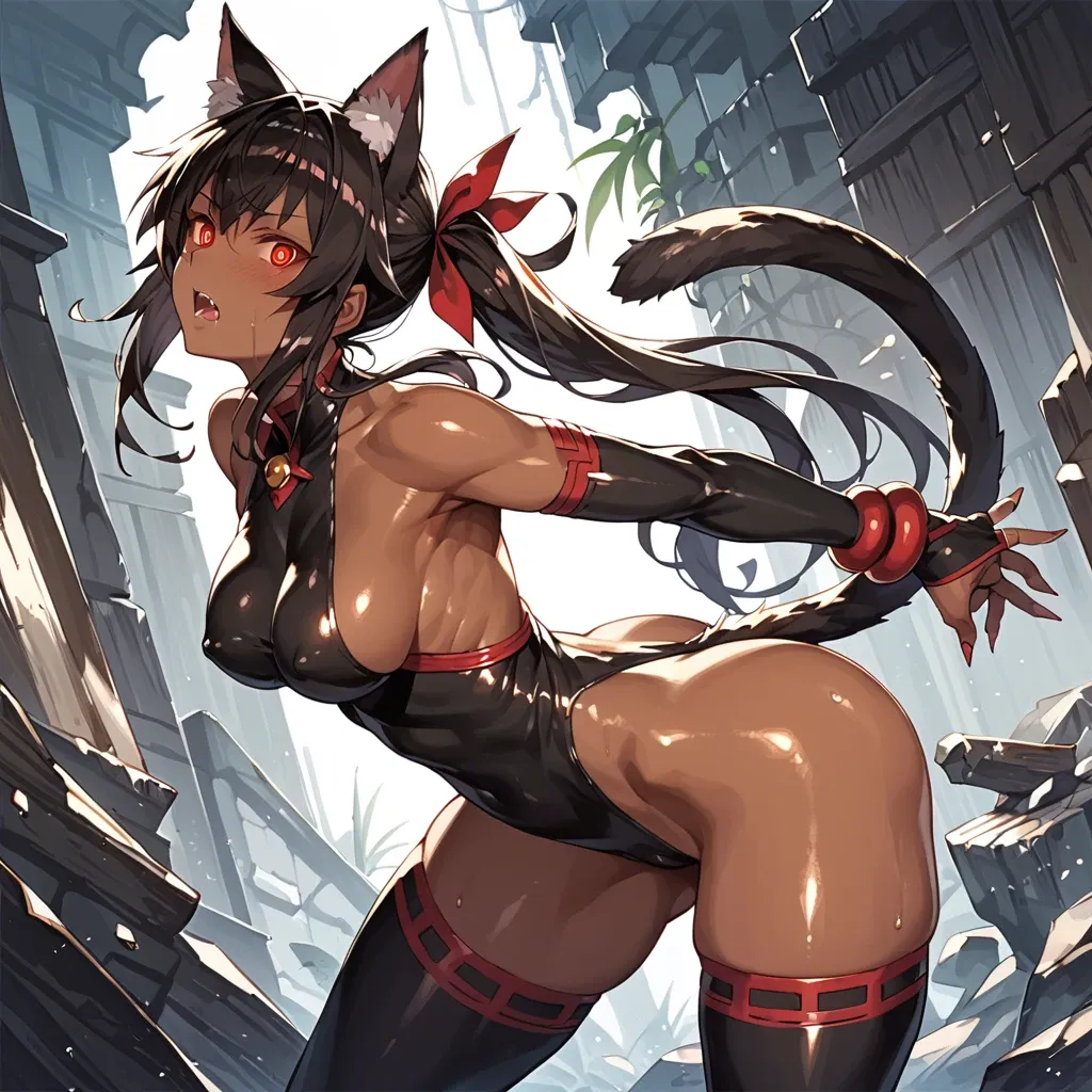 1girl,,,arched back,chronoai,two cat tails,catgirl,dark-skinned female,glowing eyes,red eyes,sideboob,Nekomiya Mana,shiny skin,dark skin,thick thighs,thighhighs,uncensored,zenless zone zero