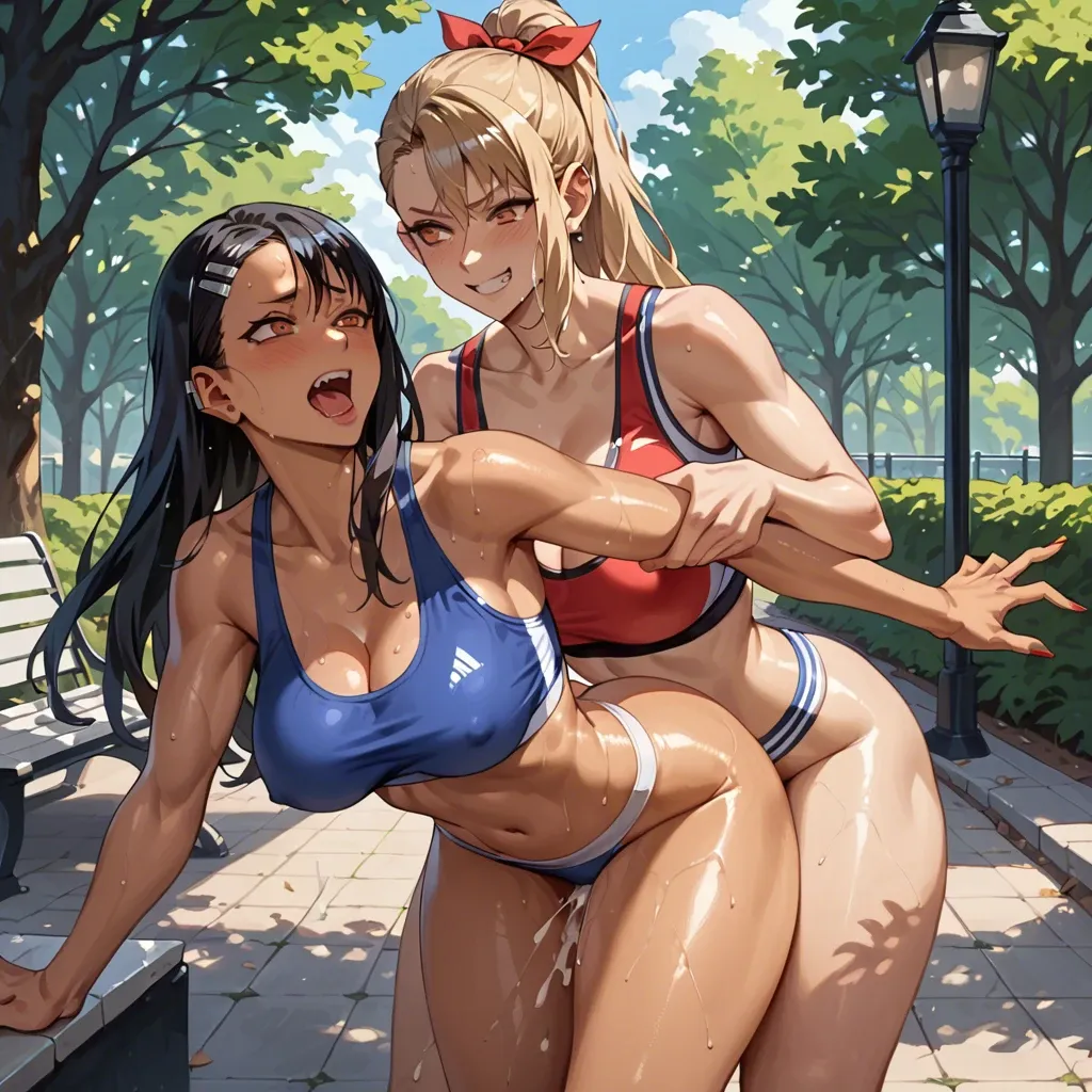 park,sports top,Leninists,Yuri,sex toyes,Alisa Kudze,hayase Nagatoro,big breasts,big hips,shiny skin,red ribbon