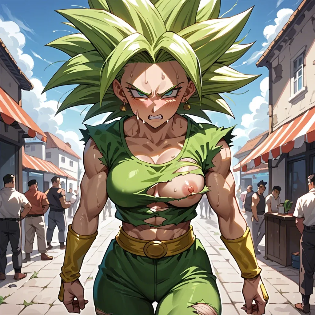 Kefla Dragon ball ripped clothes embarrassed sweating in public