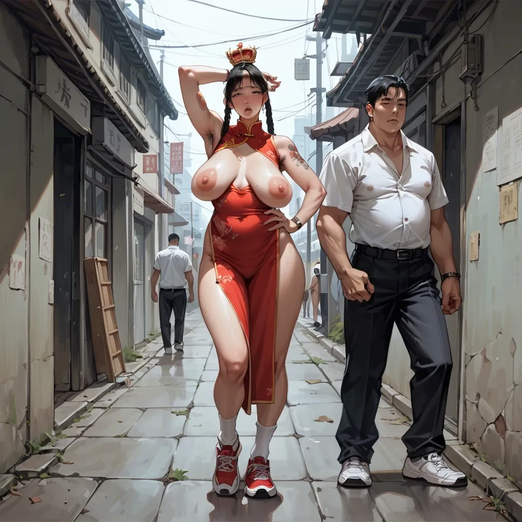 1girl,1boy, , , , nose,college girl,saggy breast,wide hip,shoulder tattoo, high nose,armpit hair,big areola,grabbing hips,shoulders, china dress,baggy socks,crown,panties,sneakers, undress,white socks,cap,torn bodysuit,heels, barely, spaceship, phone exposure, hyperdetailed, dim light, princess peach, spider-gwen, ariel waifu