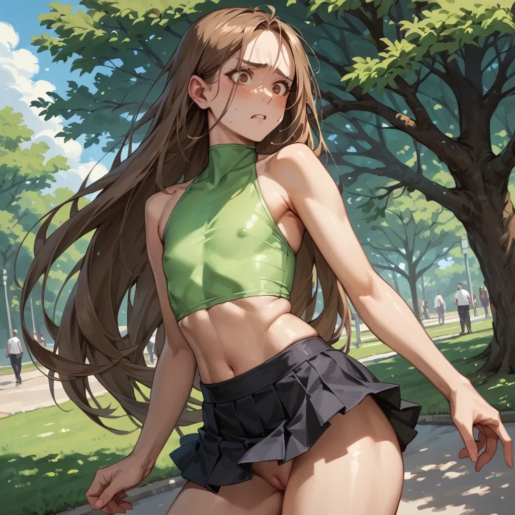 In the park, no panties, light green tight crop top, black microskirt, very flat chest, wide hips, round ass, very long brown hair, brown eyes, embarassed