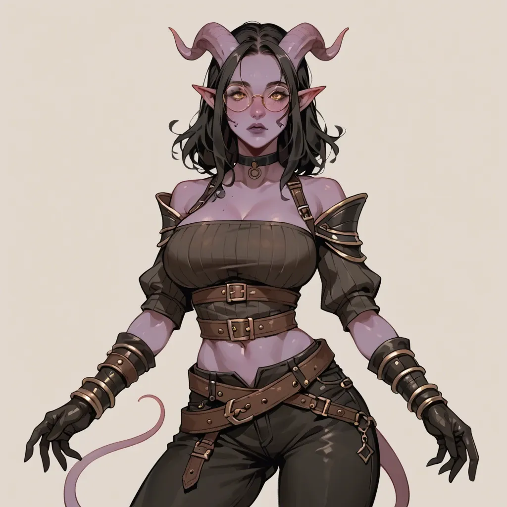 young sexy cute tiefling adventurer girl, skinny body, round glasses, big breasts, narrow waist, colored skin, young cute face, black hair, dark clothes, fantasy outfit, shirt, breastplte,  gloves, pants, leather bracers, wide belt, choker, sexy face, full lips, pointed nose, cute smile, dagger on hip, brick ruins background, 3/4 view