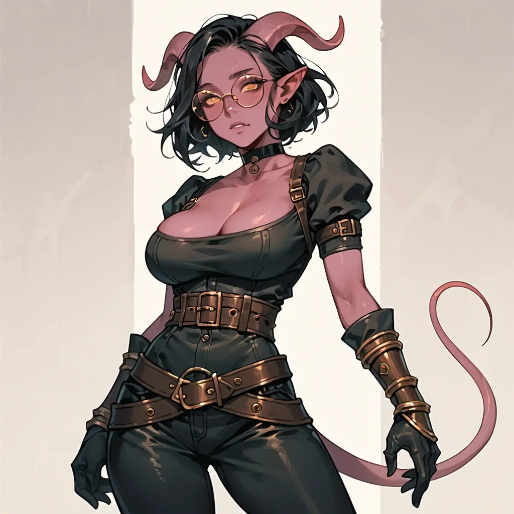 young sexy cute tiefling adventurer girl, skinny body, round glasses, big breasts, narrow waist, colored skin, young cute face, black hair, dark clothes, fantasy outfit, shirt, breastplte,  gloves, pants, leather bracers, wide belt, choker, sexy face, full lips, pointed nose, cute smile, dagger on hip, brick ruins background, 3/4 view