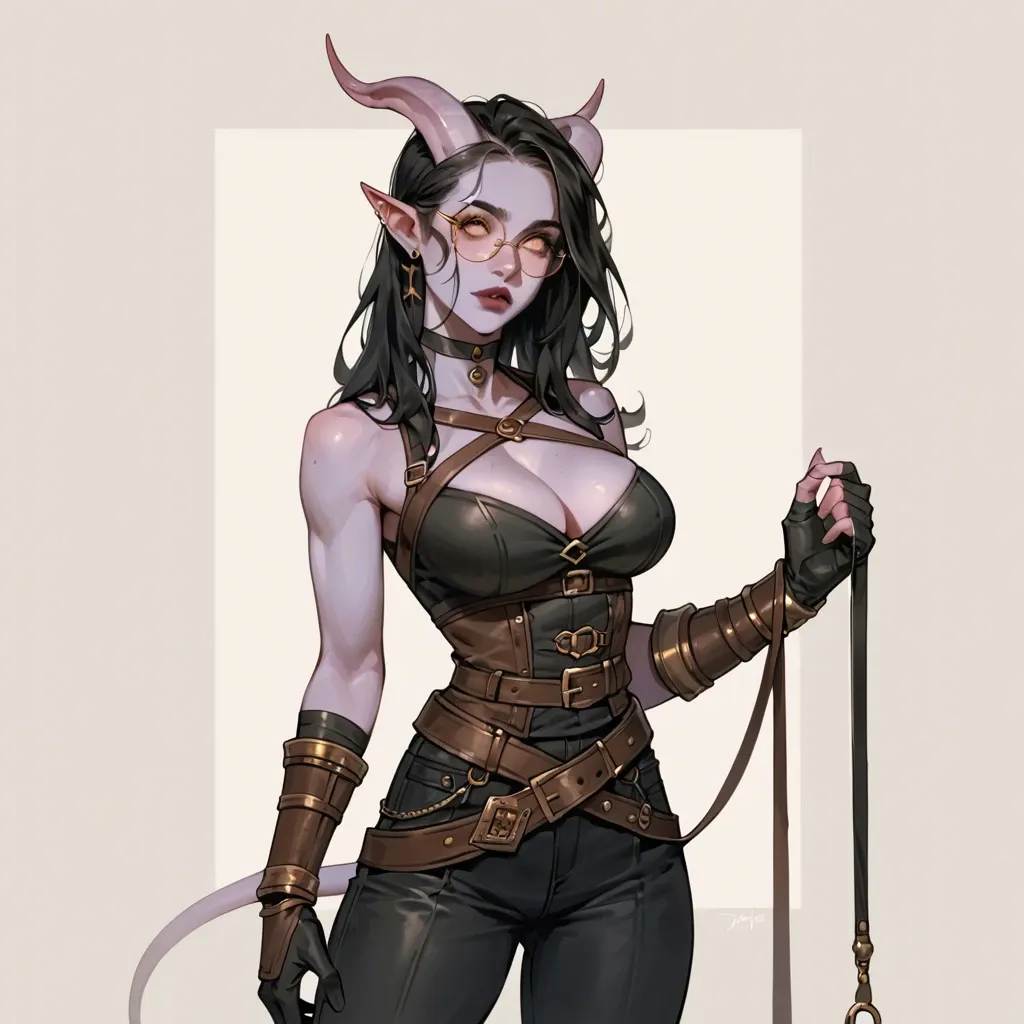 young sexy cute tiefling adventurer girl, skinny body, round glasses, big breasts, narrow waist, colored skin, young cute face, black hair, dark clothes, fantasy outfit, shirt, breastplte,  gloves, pants, leather bracers, wide belt, choker, sexy face, full lips, pointed nose, cute smile, dagger on hip, brick ruins background, 3/4 view