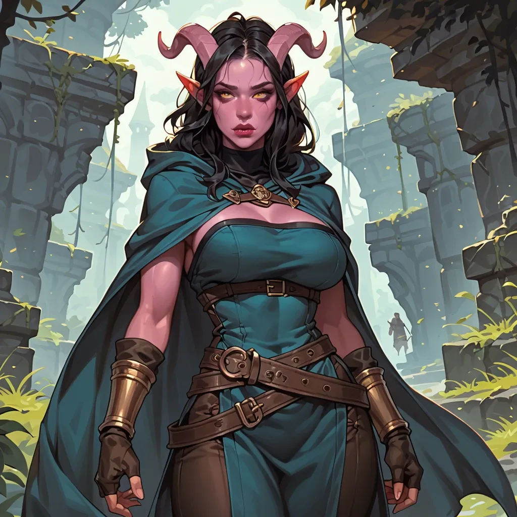 sexy cute tiefling adventurer girl, skinny body, big breasts, narrow waist, colored skin, young cute face, black hair, dark clothes, adventurer thief outfit, tunic, cloak, gloves, pants, bracers, wide belt, sexy face, full lips, pointed nose, cute smile, dagger on hip, brick ruins background