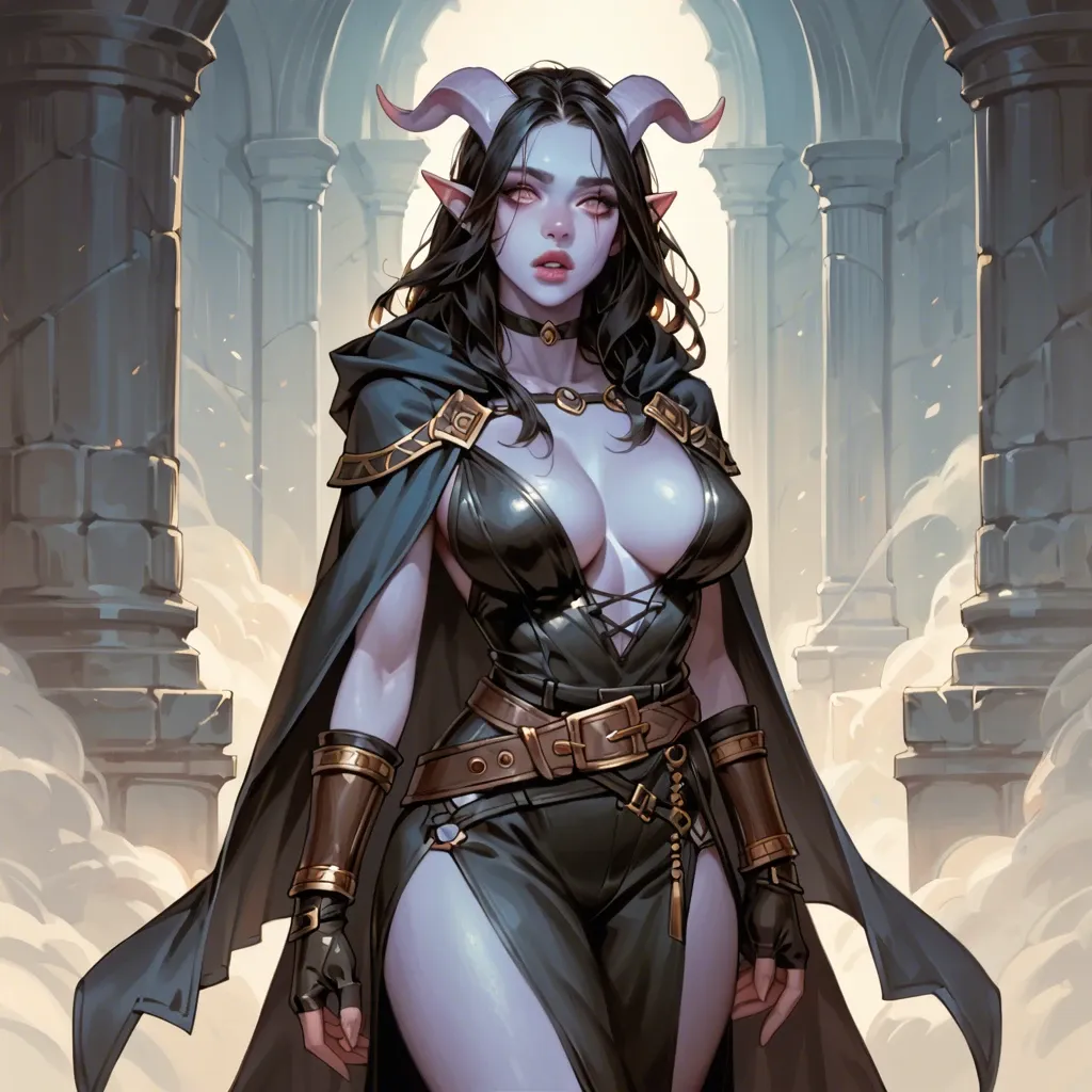 young sexy cute tiefling adventurer girl, skinny body, big breasts, narrow waist, colored skin, young cute face, black hair, dark clothes, fantasy outfit, tunic, cloak, gloves, pants, leather bracers, wide belt, choker, sexy face, full lips, pointed nose, cute smile, dagger on hip, brick ruins background