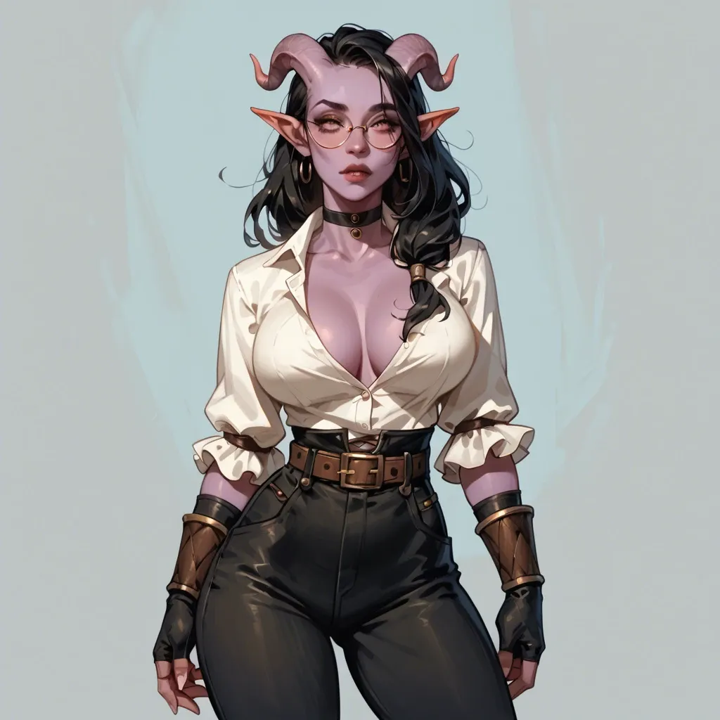 young sexy cute tiefling adventurer girl, skinny body, round glasses, big breasts, narrow waist, colored skin, young cute face, black hair, dark clothes, fantasy outfit, shirt, breastplte,  gloves, pants, leather bracers, wide belt, choker, sexy face, full lips, pointed nose, cute smile, dagger on hip, brick ruins background