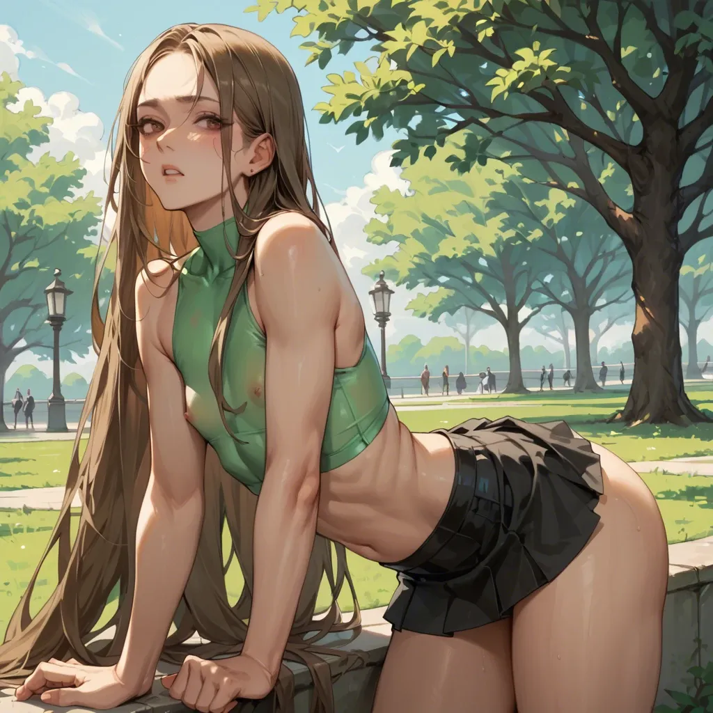 In the park, no panties, light green tight crop top, black microskirt, very flat chest, wide hips, round ass, very long brown hair, brown eyes, naughty