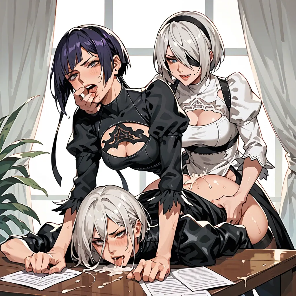 fully clothed yorha 2b fucked by futanari kyoka jiro with smug expression from behind on table,front view,futa with female,one hand grabbing mouth,wet,cum spilling out