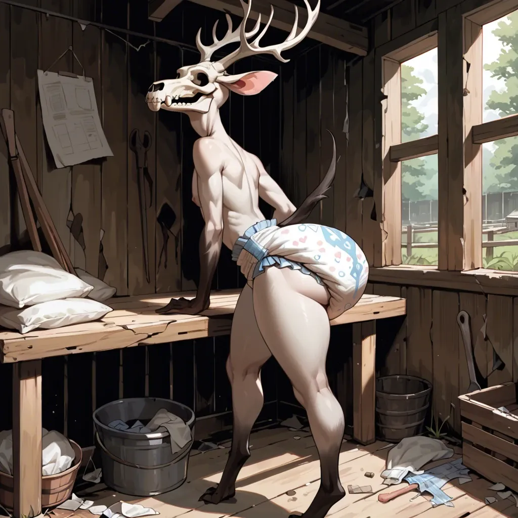 1 femboy, wendigo, furry, skull face, thick thighs, huge ass, wide hips, skinny waist, diaper, abandoned cabin, blushing