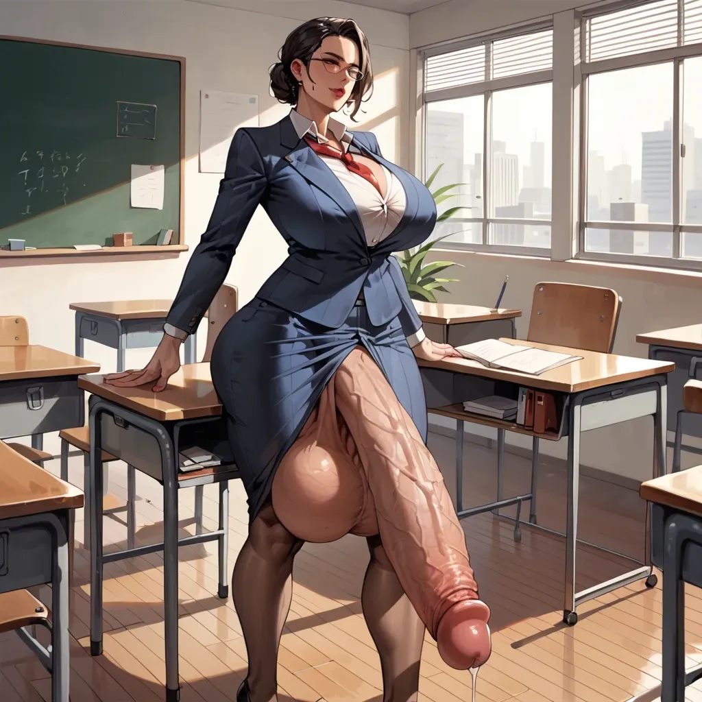 1 futanari, human futanari Milf,teacher,suit, hyper penis, flaccid, standing,resting penis on students desk,hyper balls, huge ass, very wide hips, thick thighs, huge breasts ,breasts bigger than head, side profile view, full body view