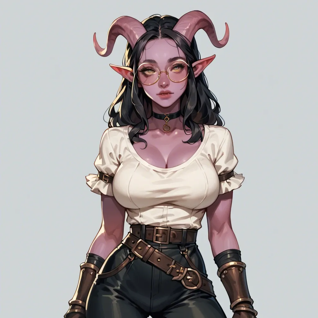 young sexy cute tiefling adventurer girl, skinny body, round glasses, big breasts, narrow waist, colored skin, young cute face, black hair, dark clothes, fantasy outfit, shirt, breastplte,  gloves, pants, leather bracers, wide belt, choker, sexy face, full lips, pointed nose, cute smile, dagger on hip, brick ruins background