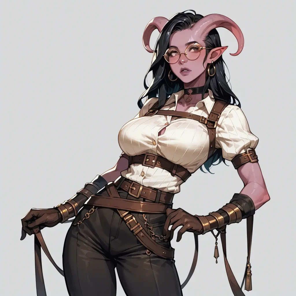 young sexy cute tiefling adventurer girl, skinny body, round glasses, big breasts, narrow waist, colored skin, young cute face, black hair, dark clothes, fantasy outfit, shirt, breastplte,  gloves, pants, leather bracers, wide belt, choker, sexy face, full lips, pointed nose, cute smile, dagger on hip, brick ruins background, 3/4 view