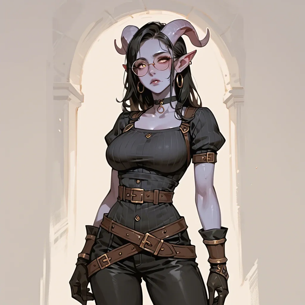 young sexy cute tiefling adventurer girl, skinny body, round glasses, big breasts, narrow waist, colored skin, young cute face, black hair, dark clothes, fantasy outfit, shirt, breastplte,  gloves, pants, leather bracers, wide belt, choker, sexy face, full lips, pointed nose, cute smile, dagger on hip, brick ruins background