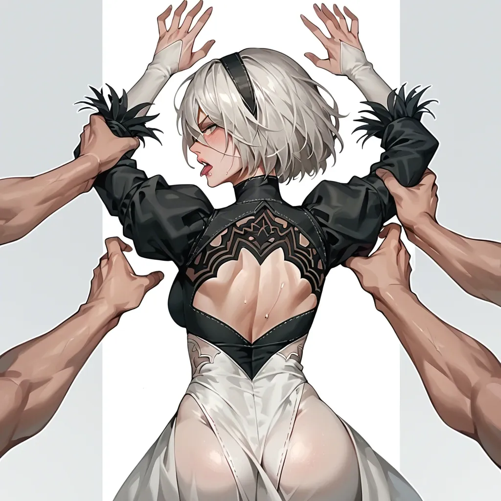 fully clothed yorha 2b with smug expression fucked from behind,front view,one hand mouth grab,back arched