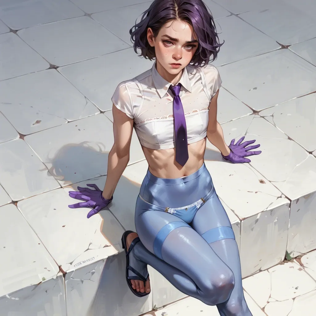 1boy, freckle,elegant,flat chest,view from above,skinny thighs, white crop top,blue stockings,purple gloves,blue panties,strappy sandals, gray t-shirt,laced bodysuit,necktie,thongs,shoes, purple dress,baggy socks,black belt,floral bikini,high heels, baroque, lying on beach, spaceship, cartoon, dark skin