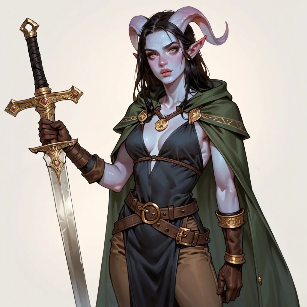 sexy female tiefling adventurer, skinny body, colored skin, young cute face, black hair, dark clothes, adventurer thief outfit, tunic, cloak, gloves, pants, bracers, belt, amulet, sword, sexy face, full lips, pointed nose