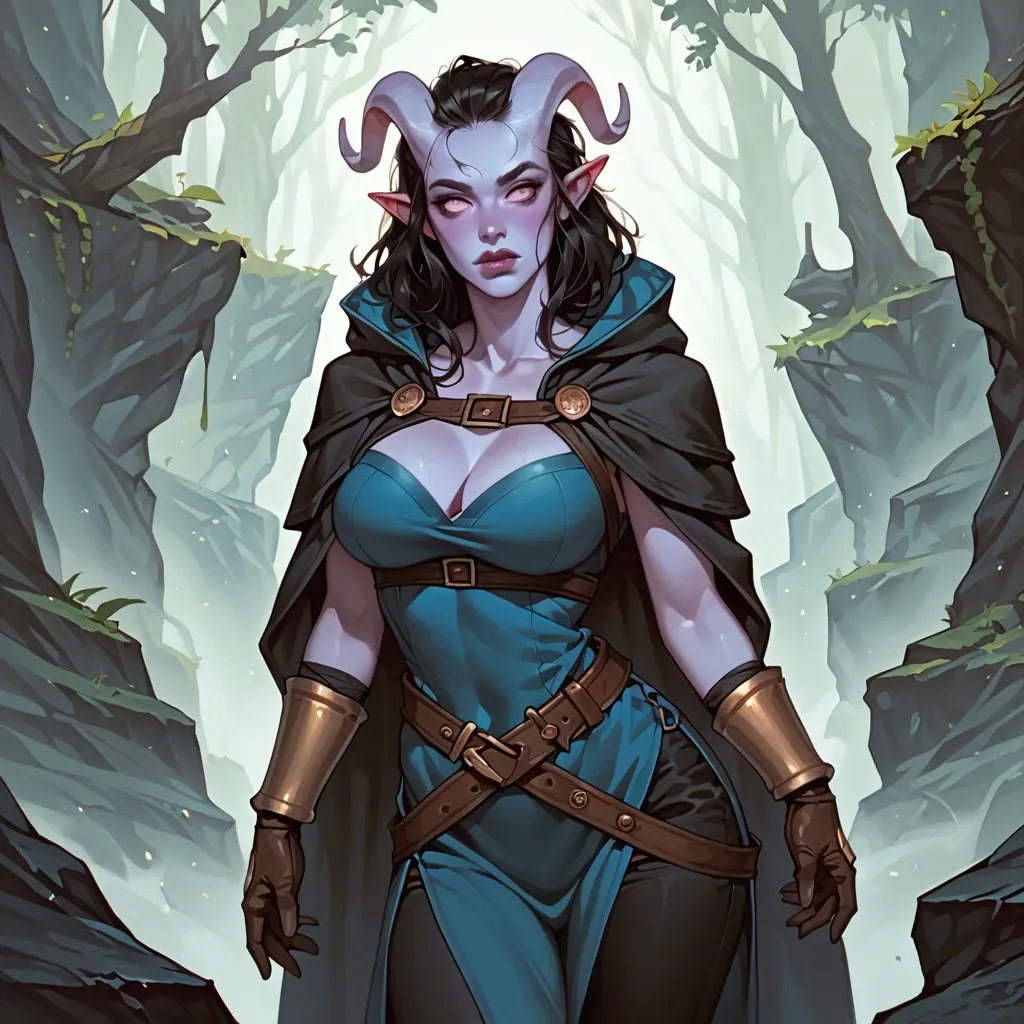 young sexy cute tiefling adventurer girl, skinny body, big breasts, narrow waist, colored skin, young cute face, black hair, dark clothes, adventurer thief outfit, tunic, cloak, gloves, pants, bracers, wide belt, sexy face, full lips, pointed nose, cute smile, dagger on hip, brick ruins background