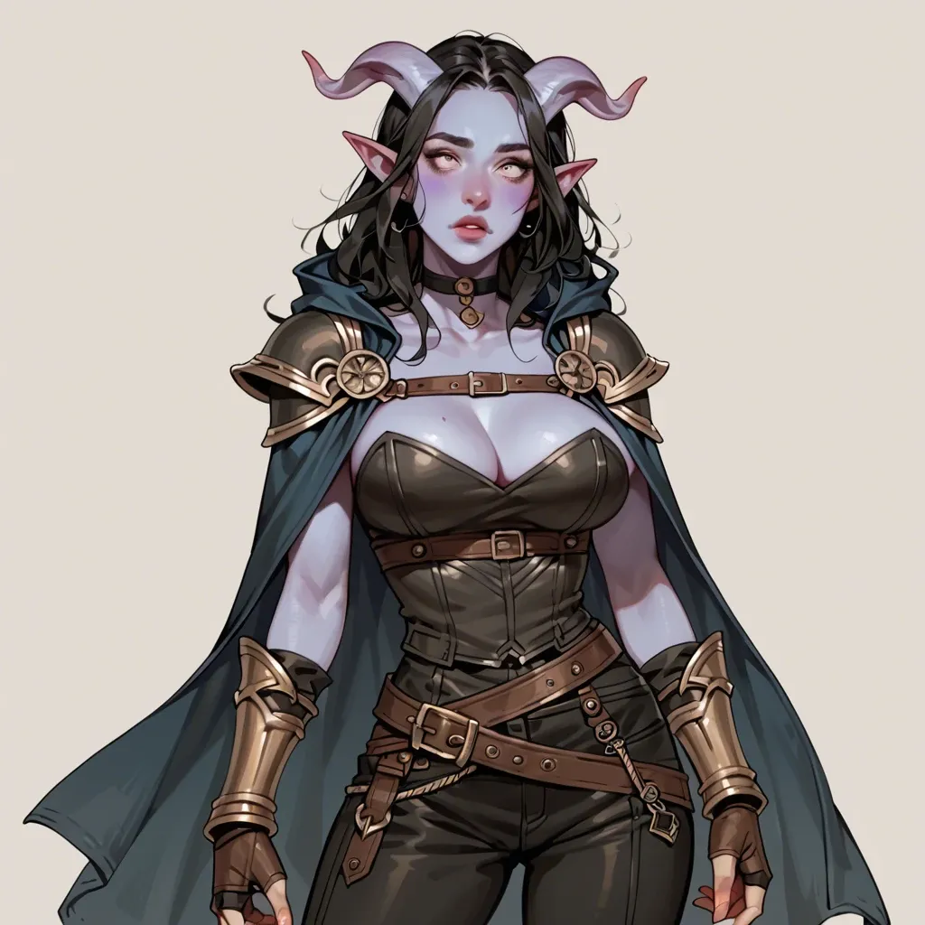 young sexy cute tiefling adventurer girl, skinny body, big breasts, narrow waist, colored skin, young cute face, black hair, dark clothes, fantasy outfit, shirt, breastplte, cloak, gloves, pants, leather bracers, wide belt, choker, sexy face, full lips, pointed nose, cute smile, dagger on hip, brick ruins background