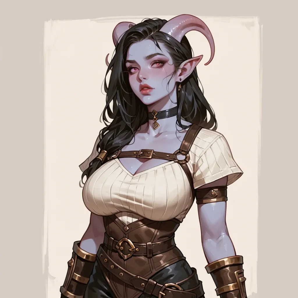 young sexy cute tiefling adventurer girl, skinny body, big breasts, narrow waist, colored skin, young cute face, black hair, dark clothes, fantasy outfit, shirt, breastplte,  gloves, pants, leather bracers, wide belt, choker, sexy face, full lips, pointed nose, cute smile, dagger on hip, brick ruins background