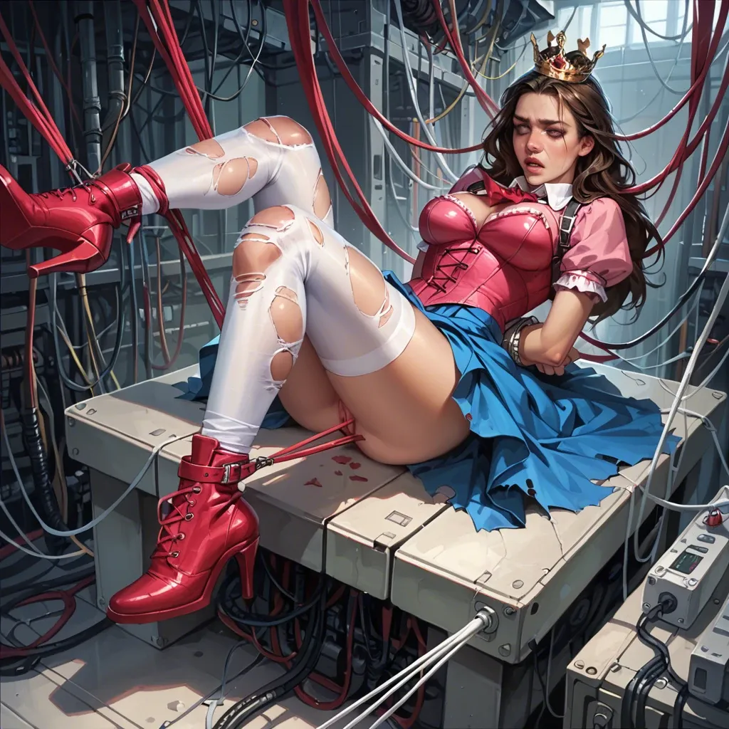 1girl,solo, , , , large nose,arms tied,firm breasts,cables,detailed skin, pink crop top,torn thighhighs,bracelets,red corset,boots, blue dress,knee socks,crown,hand on panties,high heels, school uniform,leg warmers,suspenders,wet bikini,strappy sandals, painful shibari, park, cyberpunk, sofa, magic dildo, reinhardt