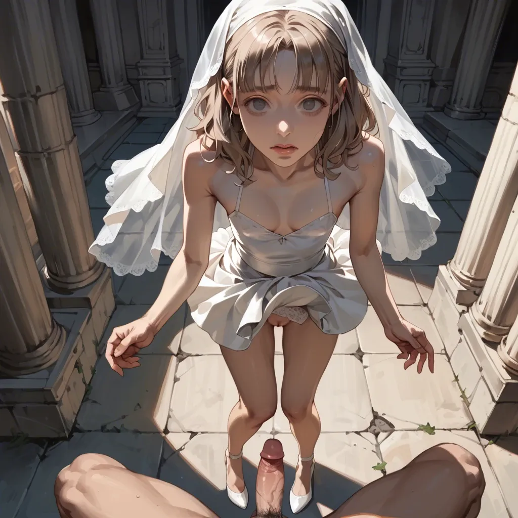 1girl,1boy, , , , fisheye view,tiptoe,whore cleavage,saggy labia,kittan bachika, empty eyes,knees apart,flat chest,tits grab,knees, upskirt,palace,white veil,lingerie,ballet shoes, bare shoulder, in a garden, medieval, sailor collar, asuka